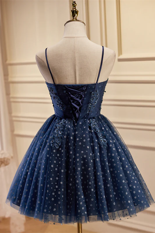 Navy Blue Straps Polk Dots Short A-line Party Dress - Image 4