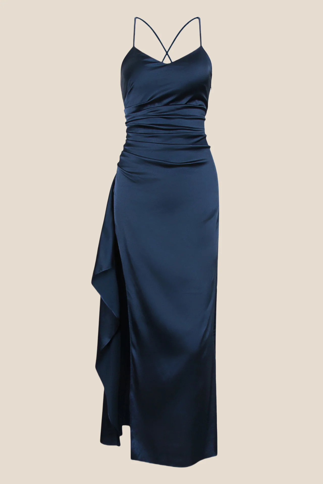 Navy Blue Straps Satin Ruched Long Dress with Slit - Image 2