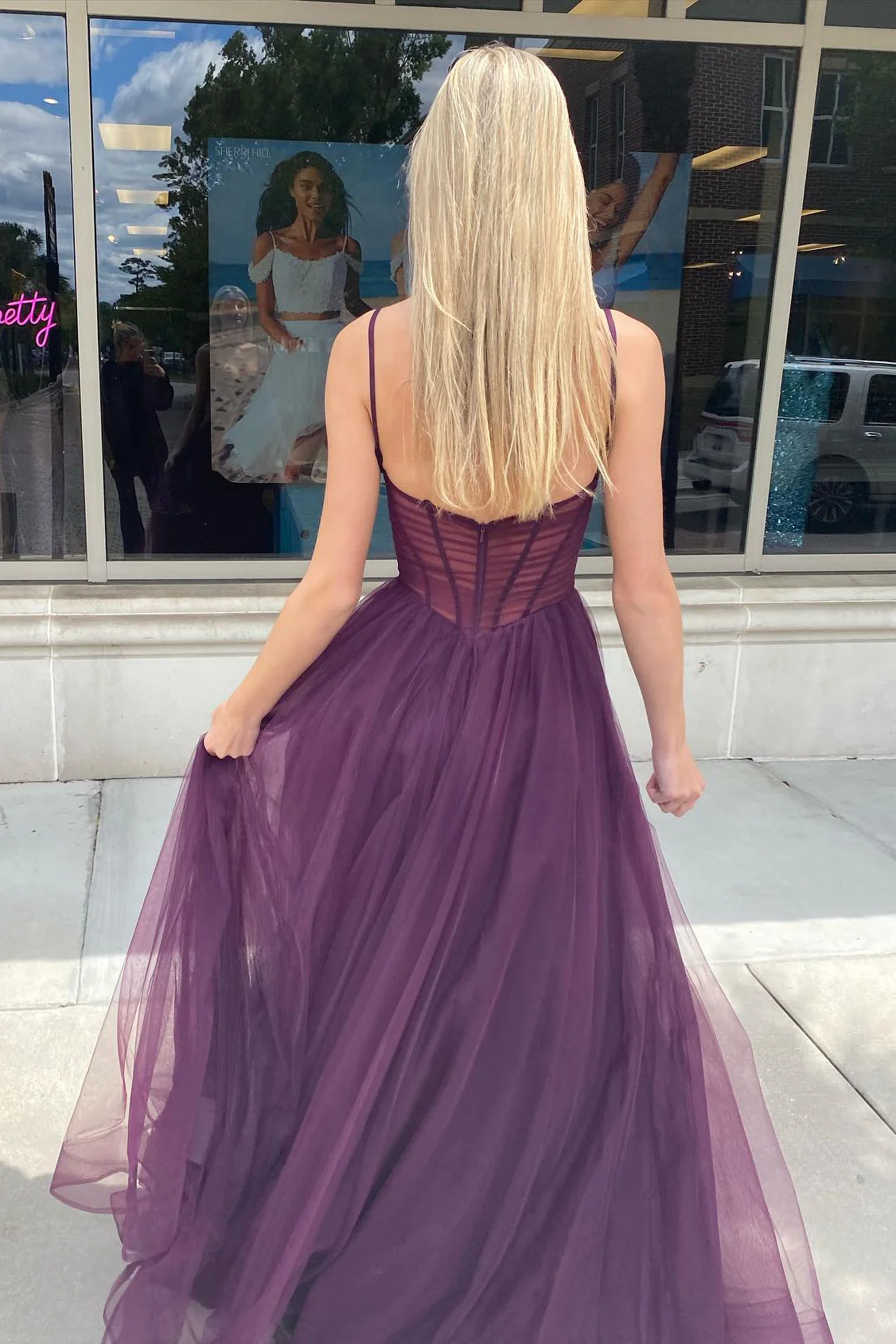 Neon Pink Pleated A-line Long Formal Dress - Image 6