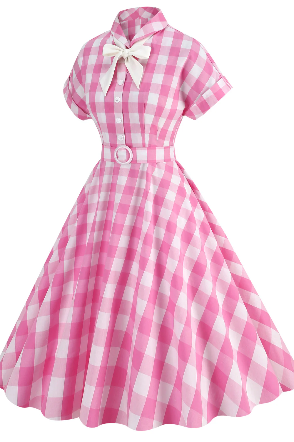 Notched Collar Pink Plaid Gingham Swing Dress - Image 3