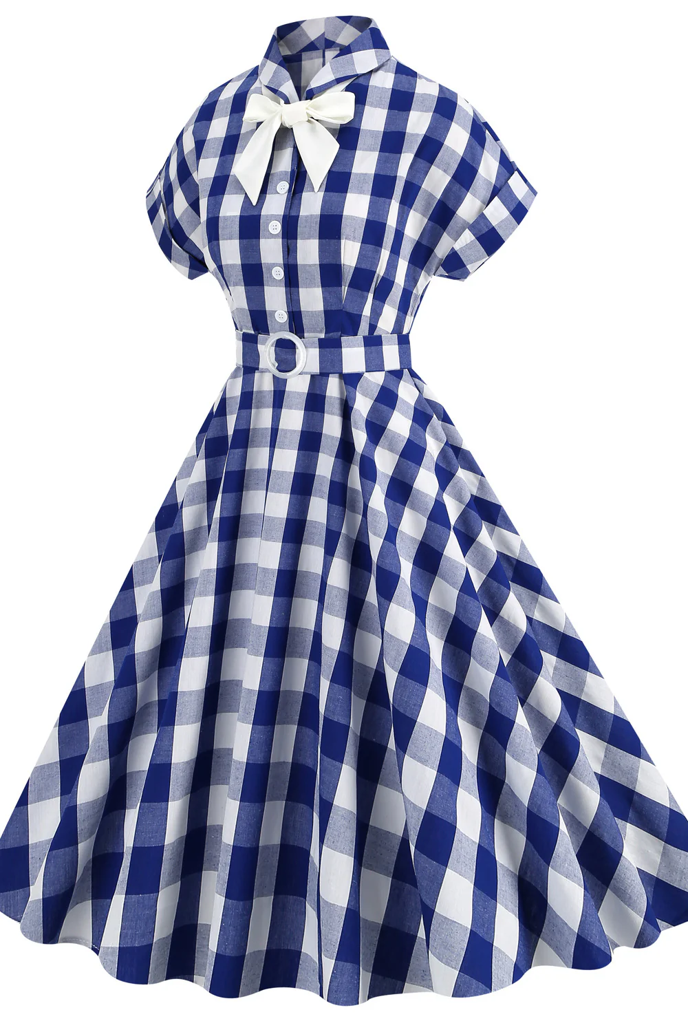 Notched Collar Pink Plaid Gingham Swing Dress - Image 6