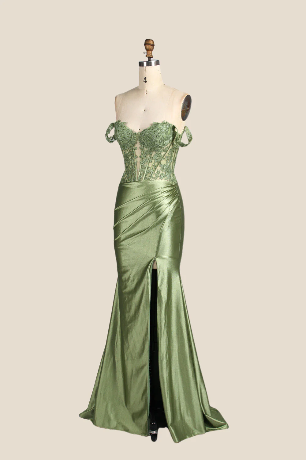 Off Shoulder Sage Appliques Long Dress with Slit - Image 11