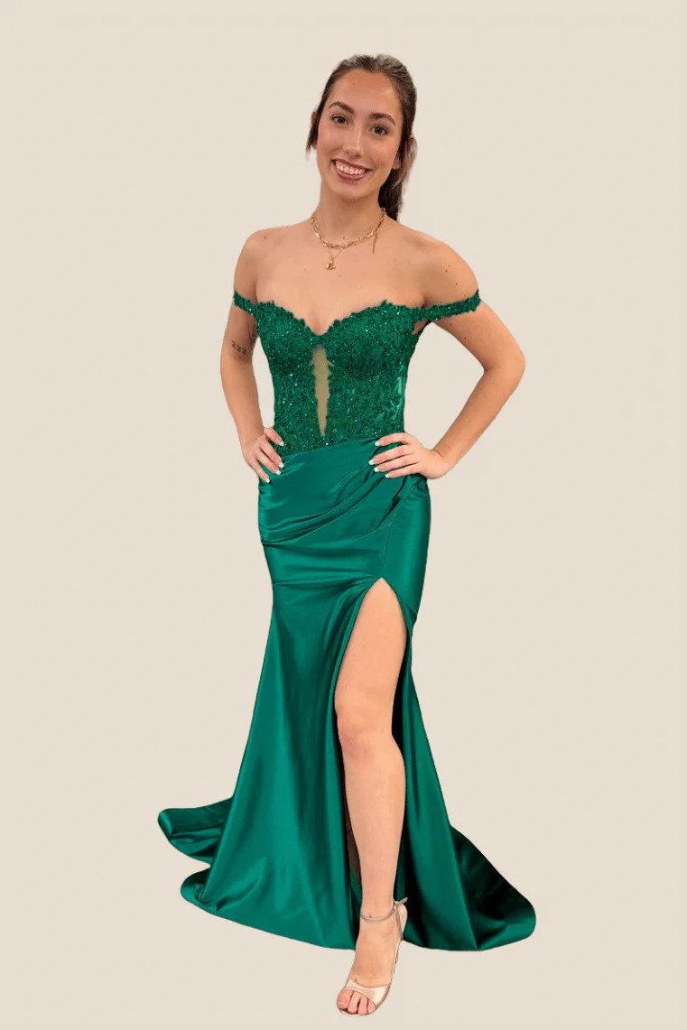 Off Shoulder Sage Appliques Long Dress with Slit - Image 14
