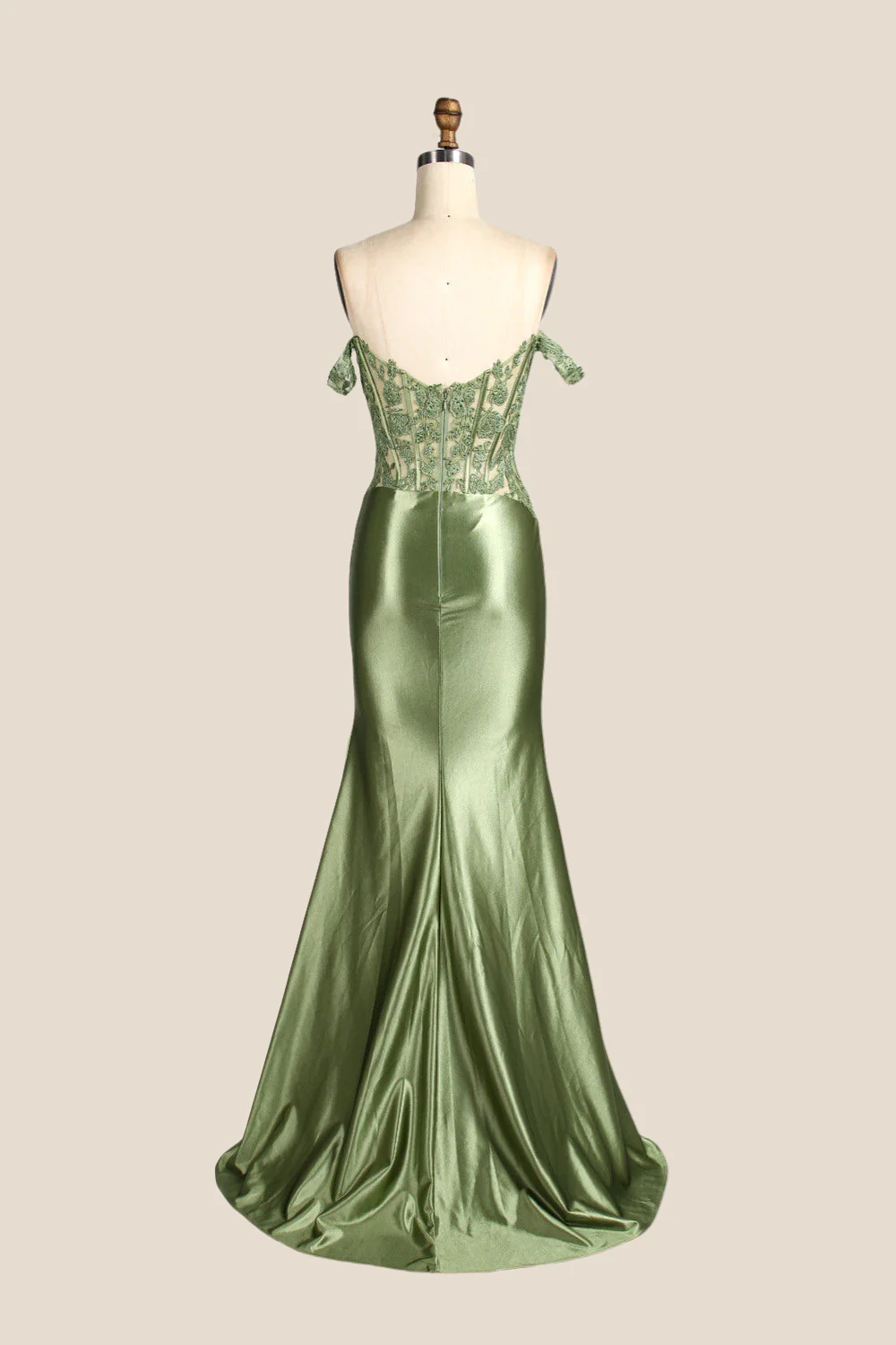 Off Shoulder Sage Appliques Long Dress with Slit - Image 2