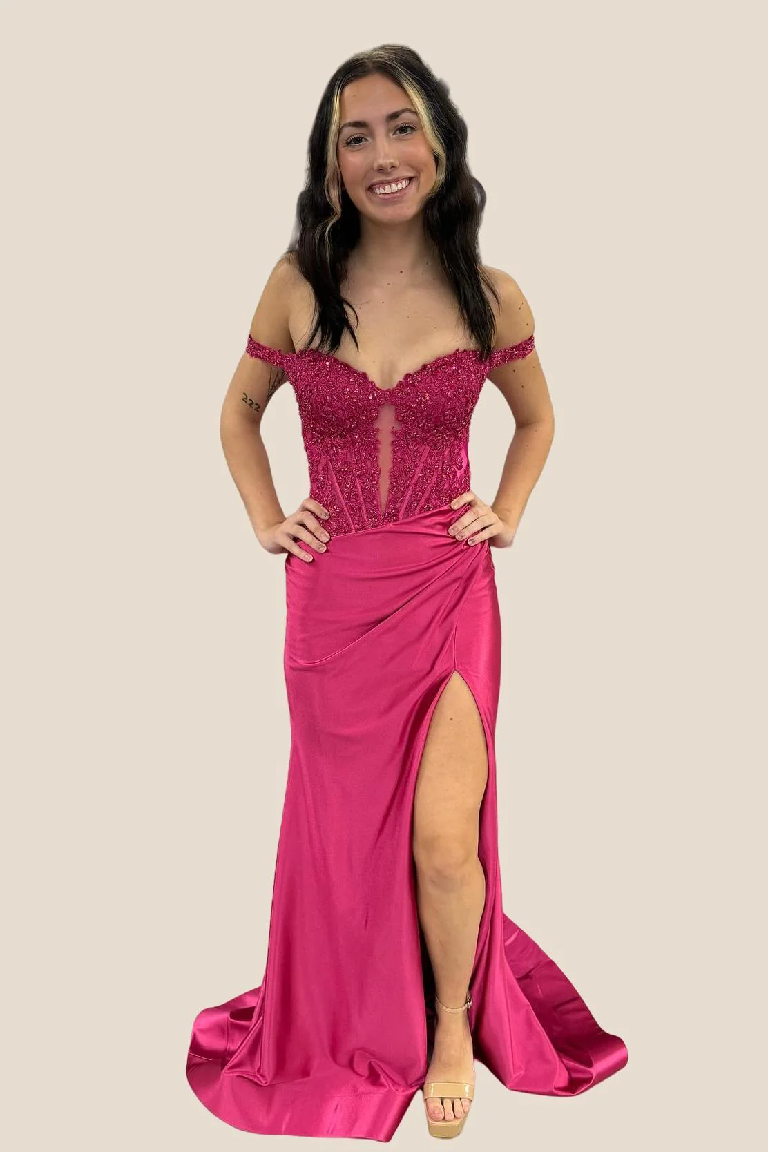 Off Shoulder Sage Appliques Long Dress with Slit - Image 4