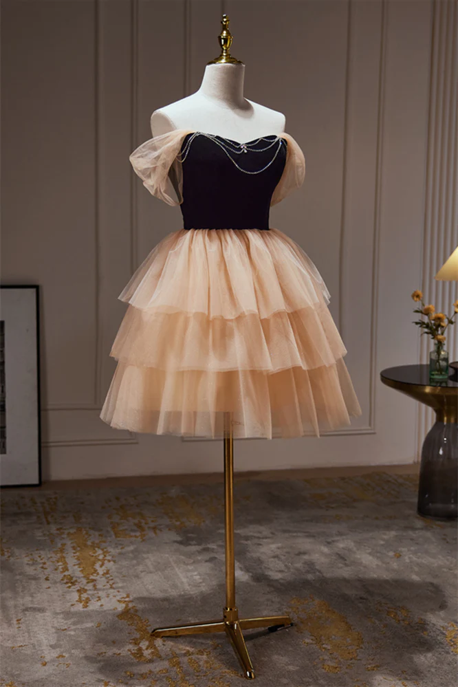 Off the Shoulder Black and Champagne Ruffle Short Dress - Image 3