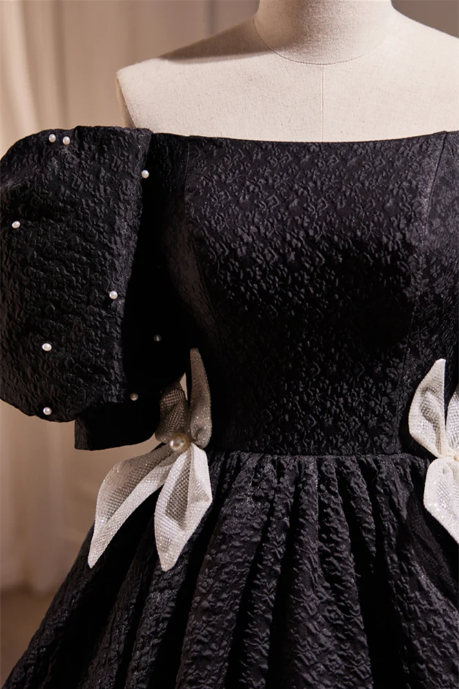 Off the Shoulder Black Tea Length Party Dress - Image 5