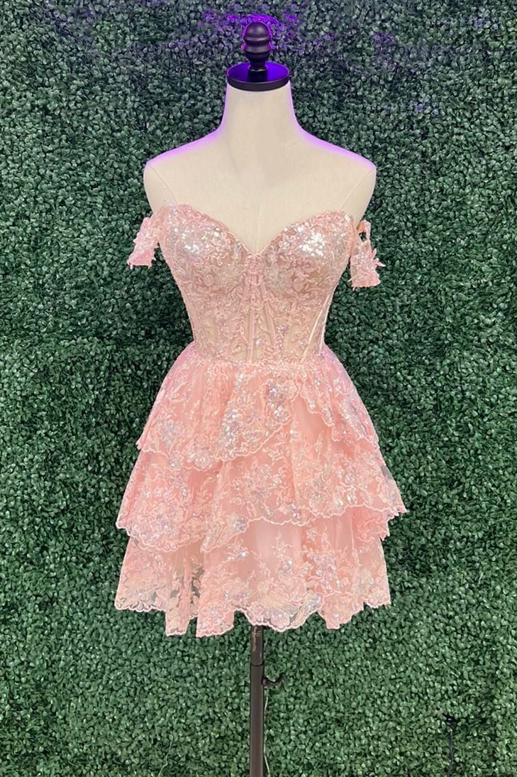 Off the Shoulder Red Appliques Tiered Short Princess Dress - Image 2