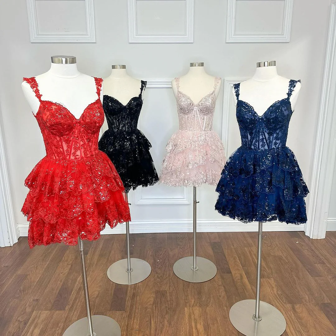 Off the Shoulder Red Appliques Tiered Short Princess Dress - Image 7