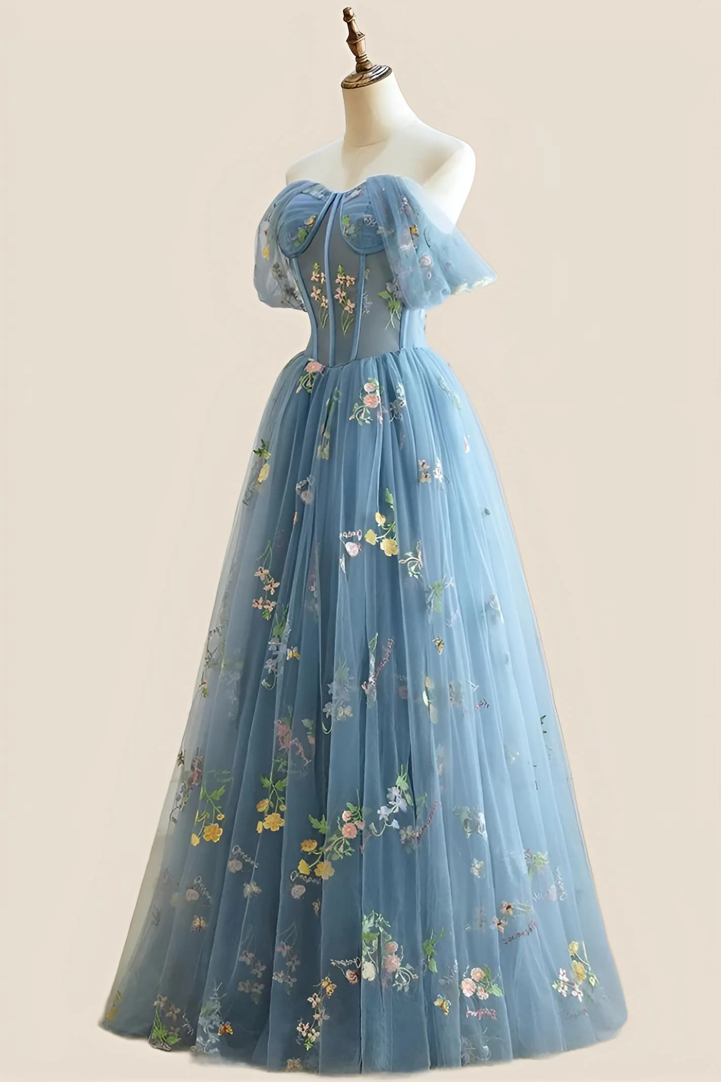 Off the Shoulder Blue Corset Floral Fairytale Dress - Image 3