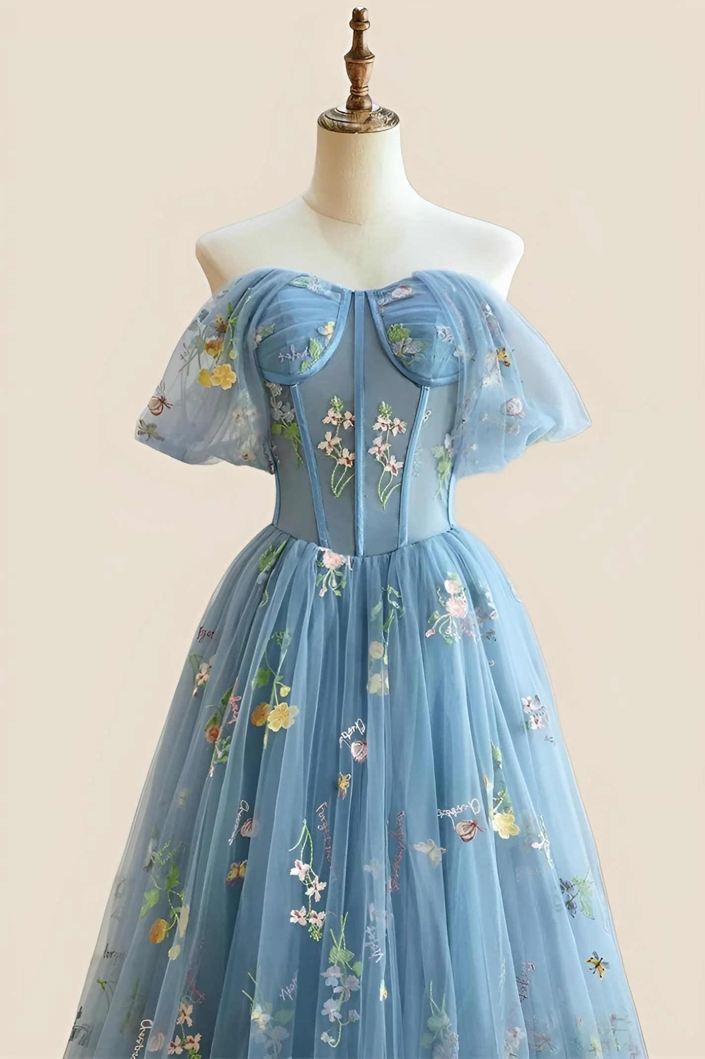 Off the Shoulder Blue Corset Floral Fairytale Dress - Image 4