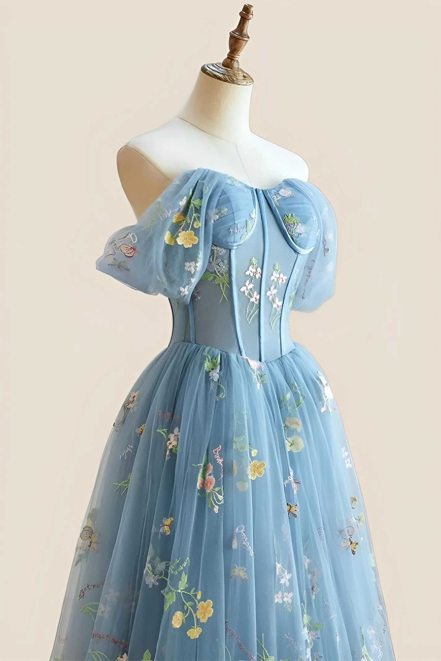 Off the Shoulder Blue Corset Floral Fairytale Dress - Image 5