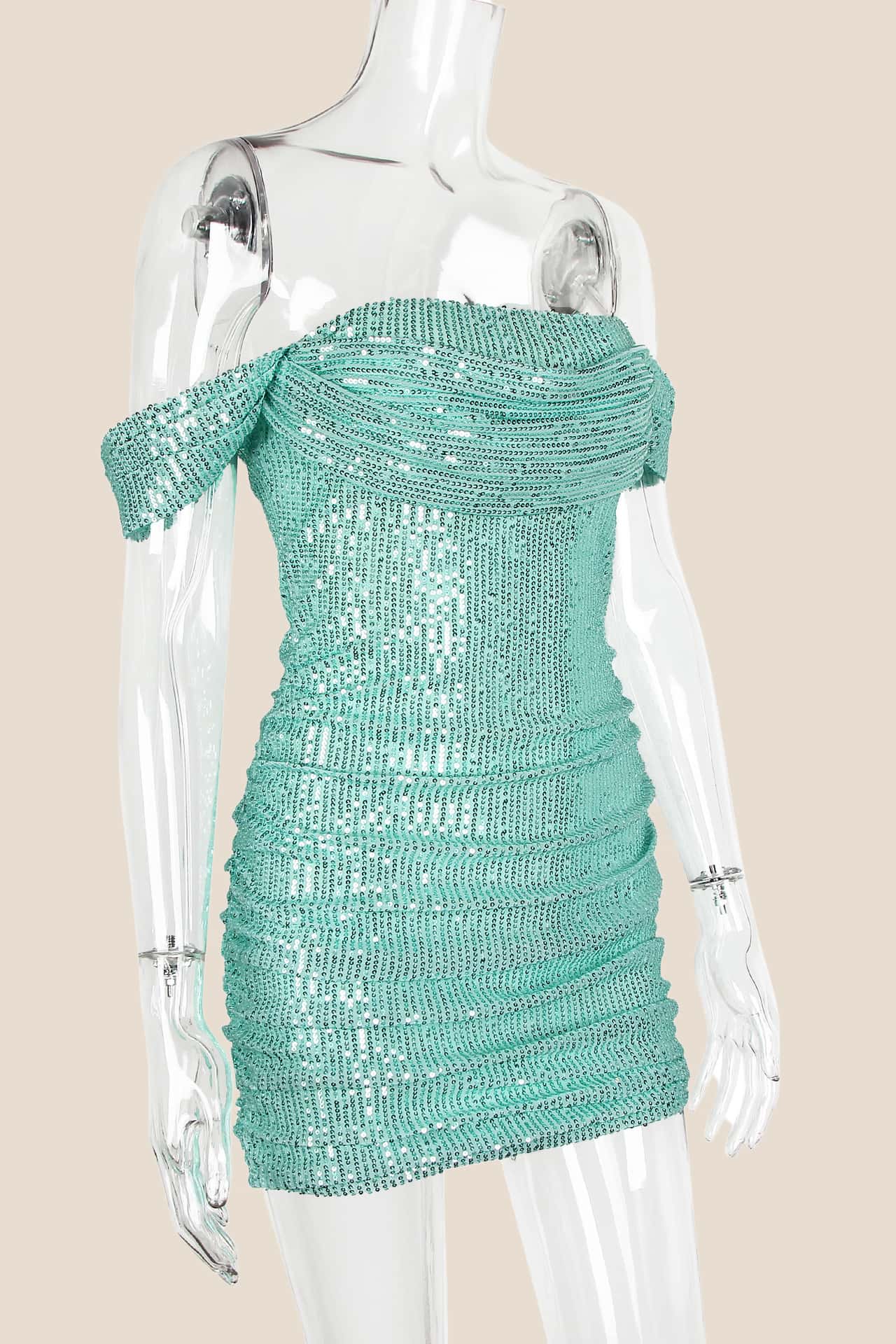 Off the Shoulder Sage Green Sequin Fitted Short Dress - Image 3