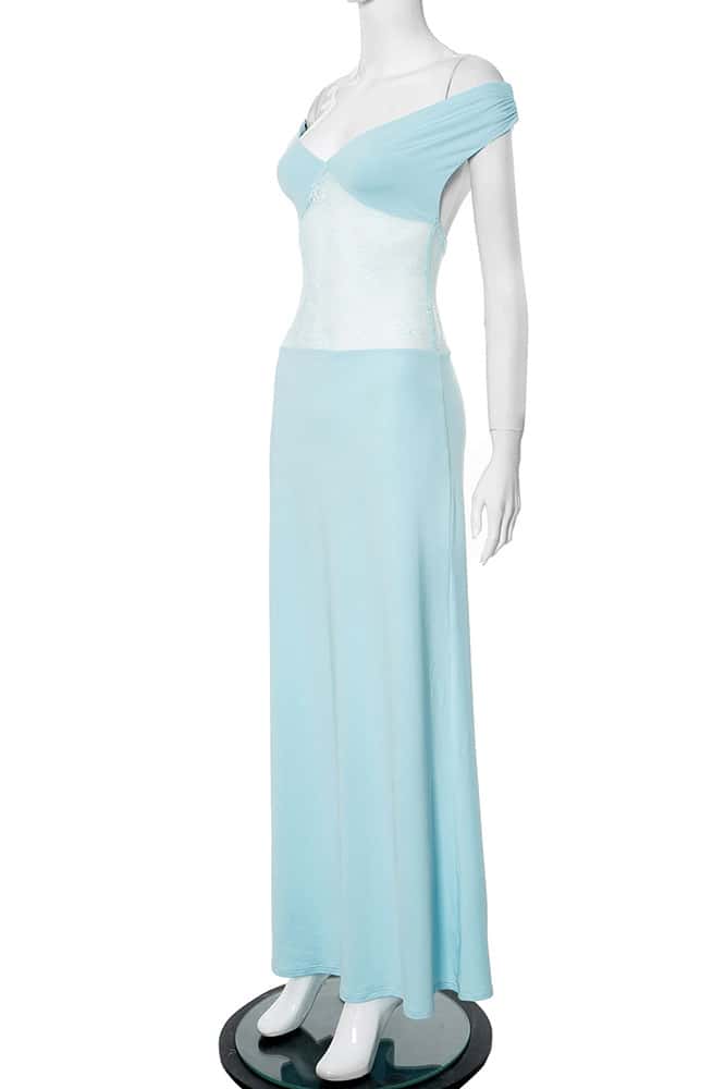 Off the Shoulder Blue Sheer Spandex Long Dress - Image 2