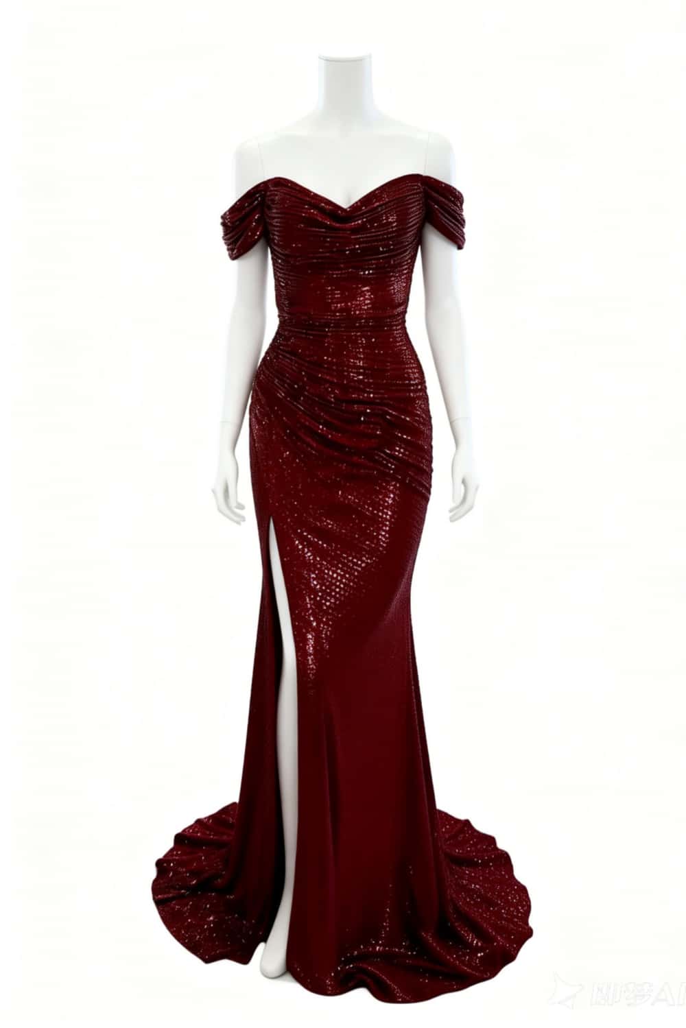 Off the Shoulder Burgundy Sequin Fitted Slit Dress - Image 2