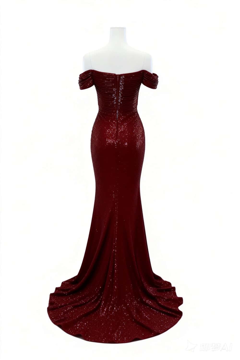 Off the Shoulder Burgundy Sequin Fitted Slit Dress - Image 3
