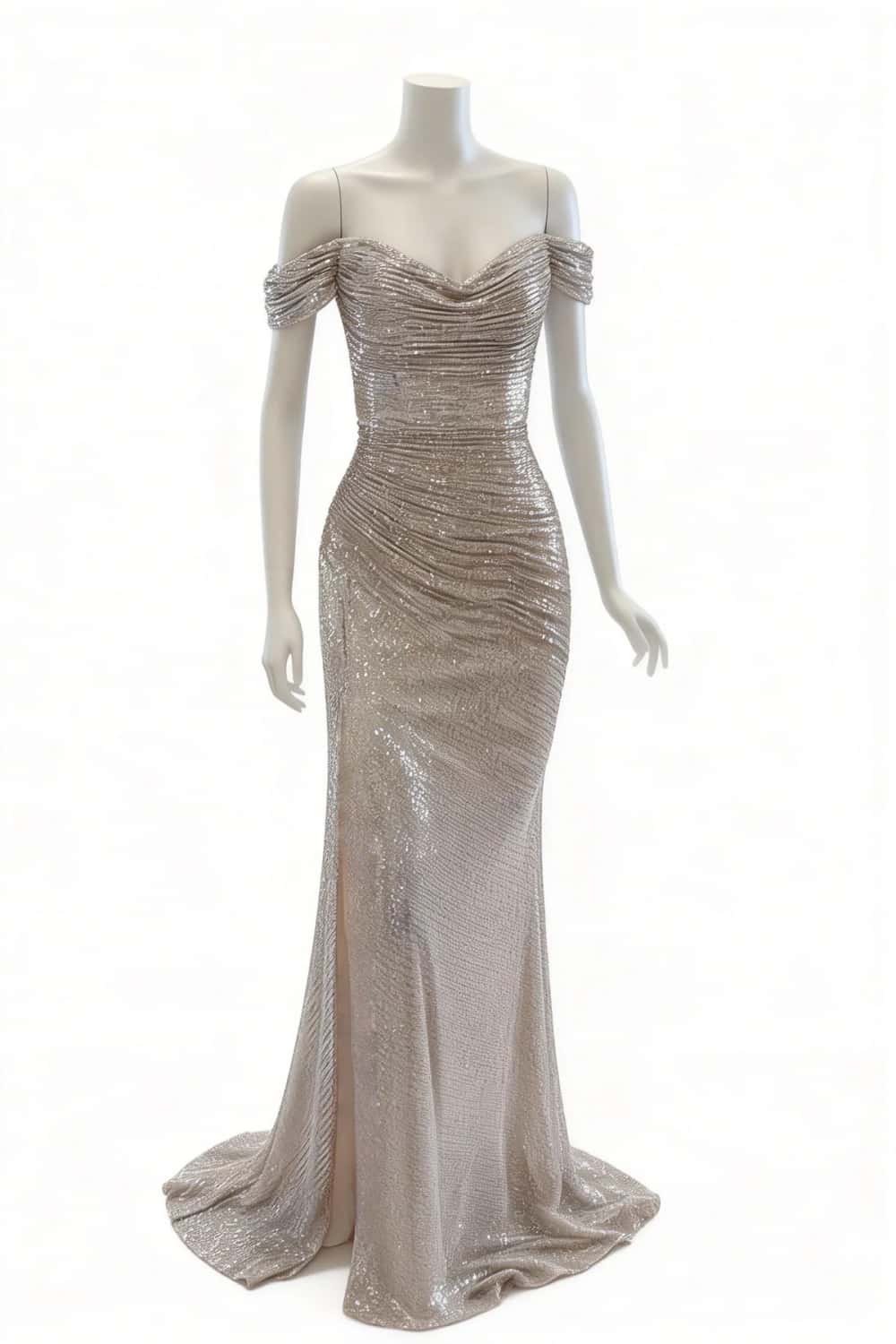 Off the Shoulder Burgundy Sequin Fitted Slit Dress - Image 4
