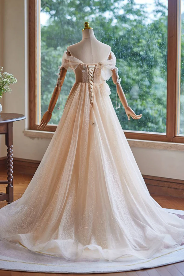 Off the Shoulder Champagne Appliques Long Dress - Image 2