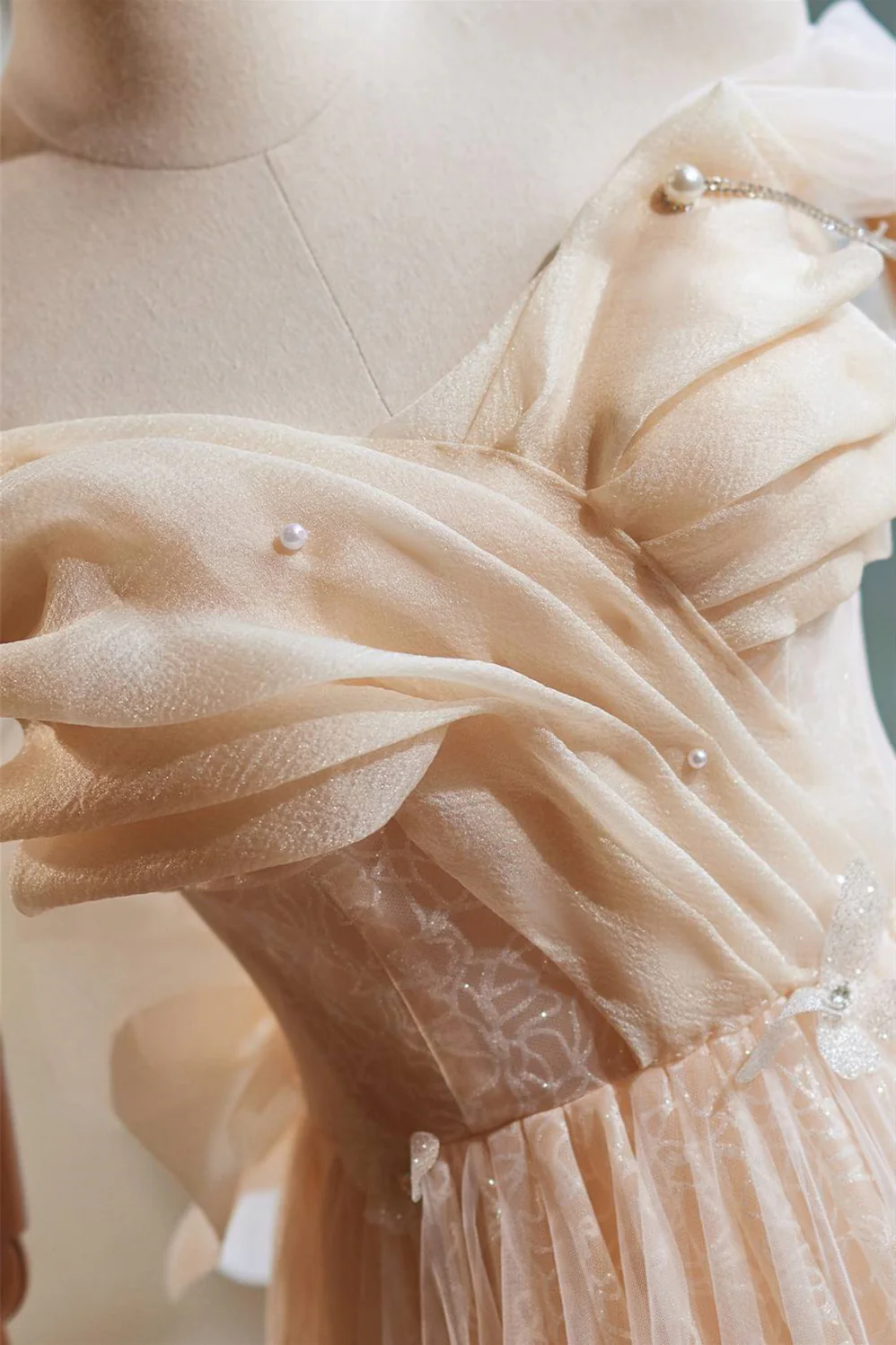 Off the Shoulder Champagne Appliques Long Dress - Image 4
