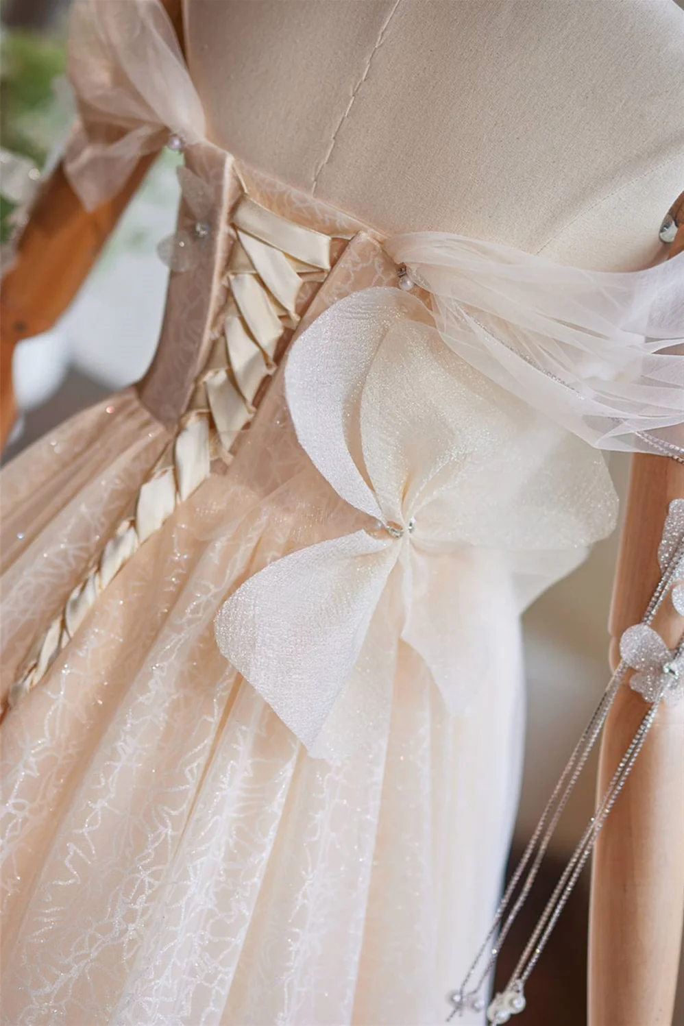 Off the Shoulder Champagne Appliques Long Dress - Image 5