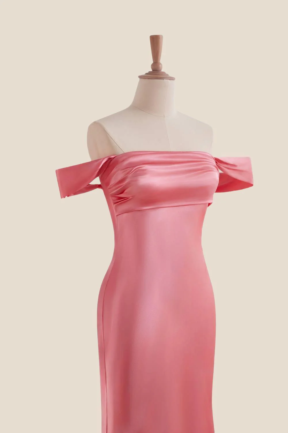 Off the Shoulder Coral Soft Satin Fitted Dress - Image 5