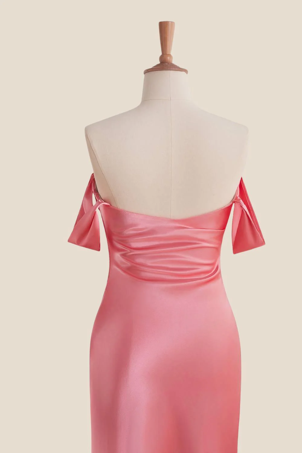 Off the Shoulder Coral Soft Satin Fitted Dress - Image 6