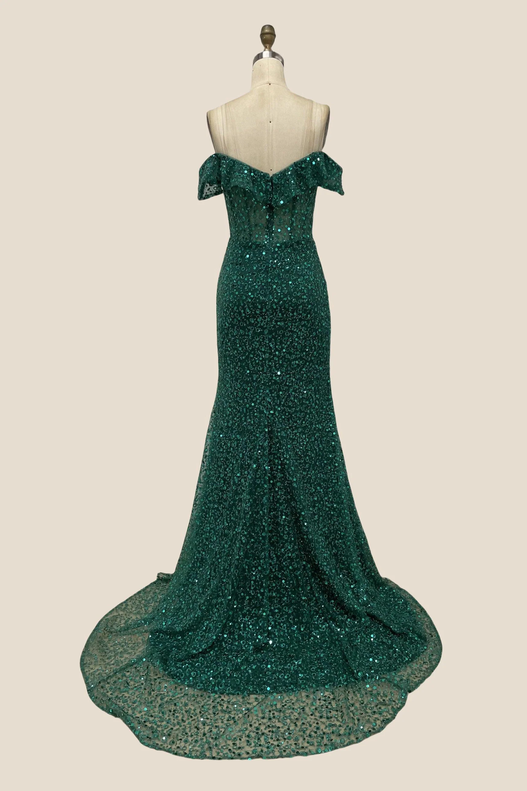 Off the Shoulder Emerald Sequin Long Dress - Image 2