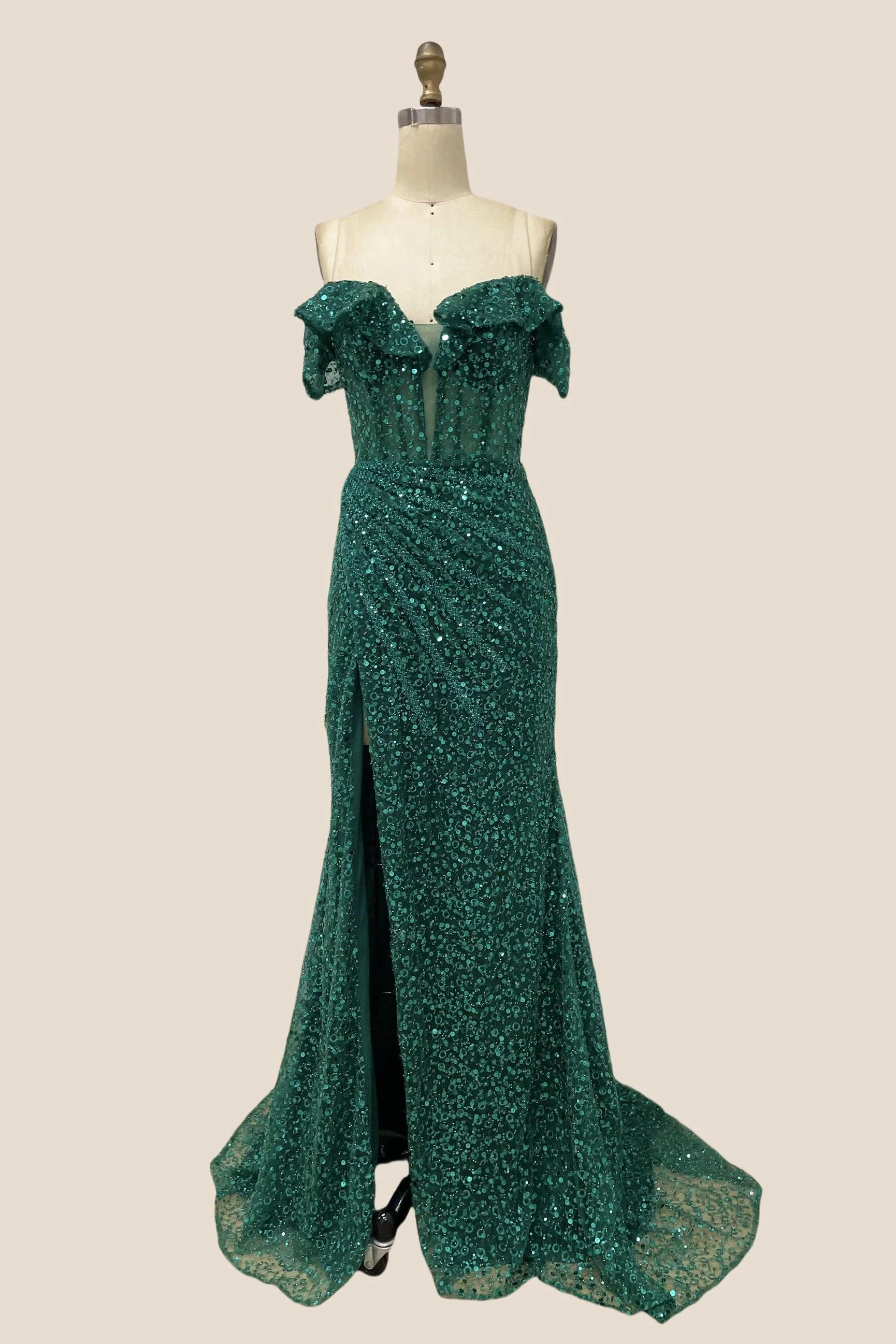 Off the Shoulder Emerald Sequin Long Dress - Image 4