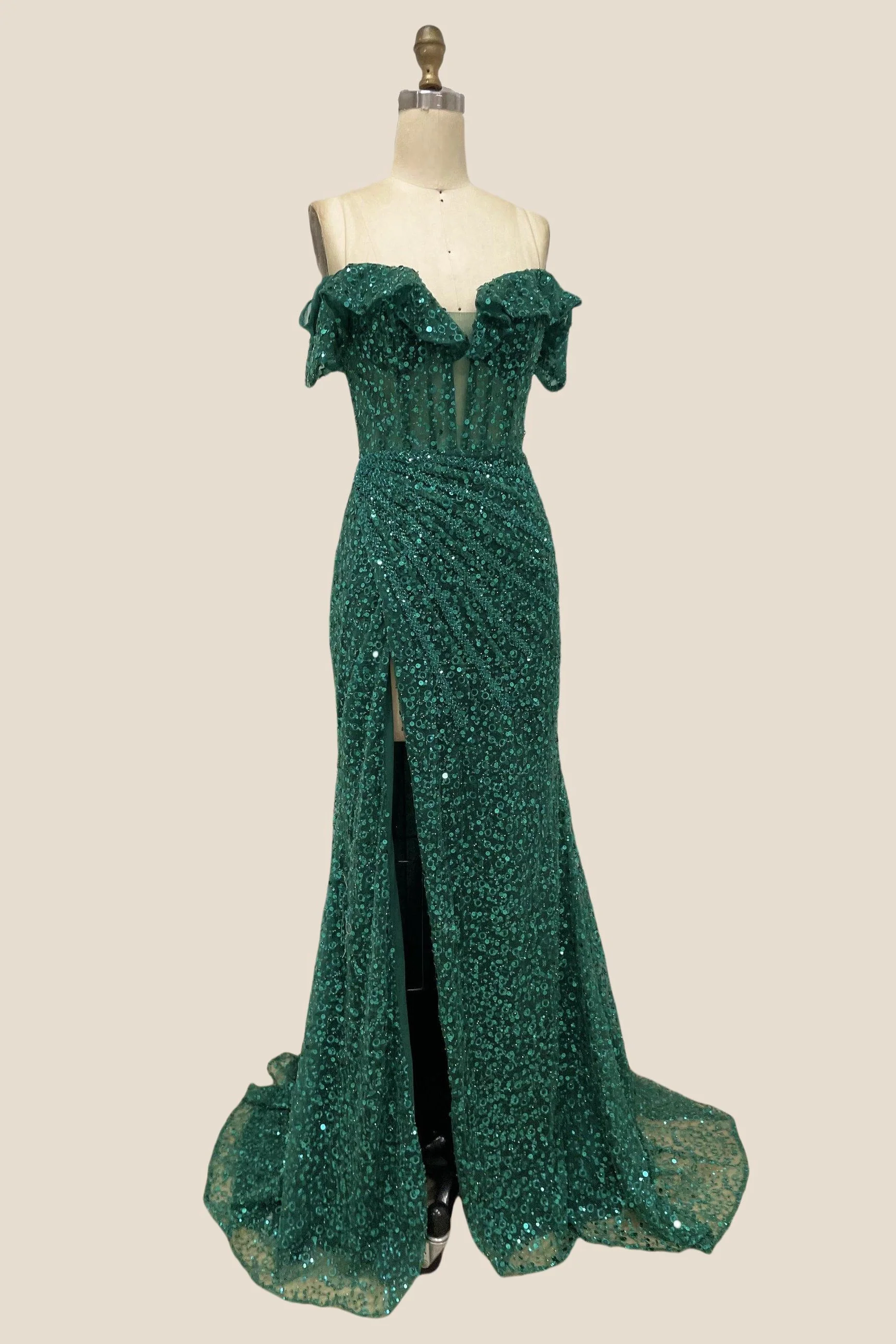 Off the Shoulder Emerald Sequin Long Dress - Image 5