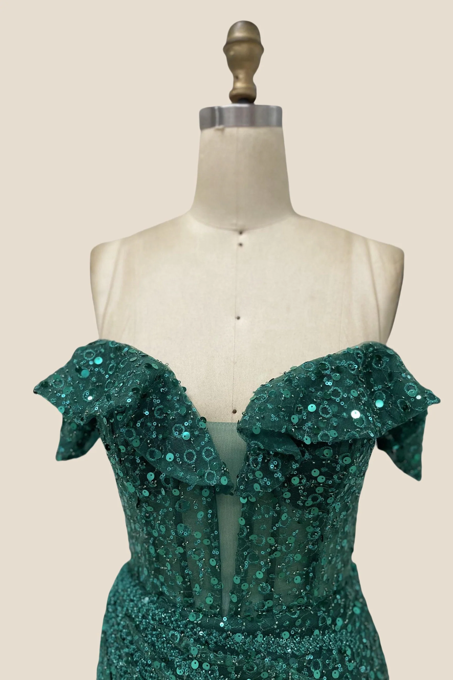 Off the Shoulder Emerald Sequin Long Dress - Image 6
