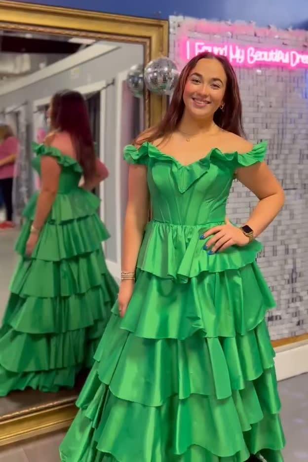 Off the Shoulder Emerald Tiered Long Dress with Slit - Image 2