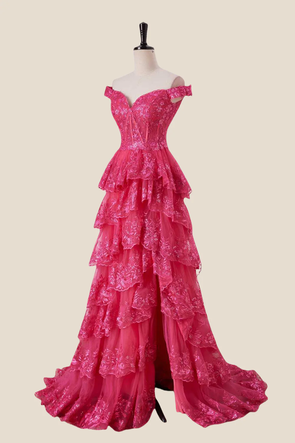 Off the Shoulder Hot Pink Appliques Ruffles Long Dress - Image 3