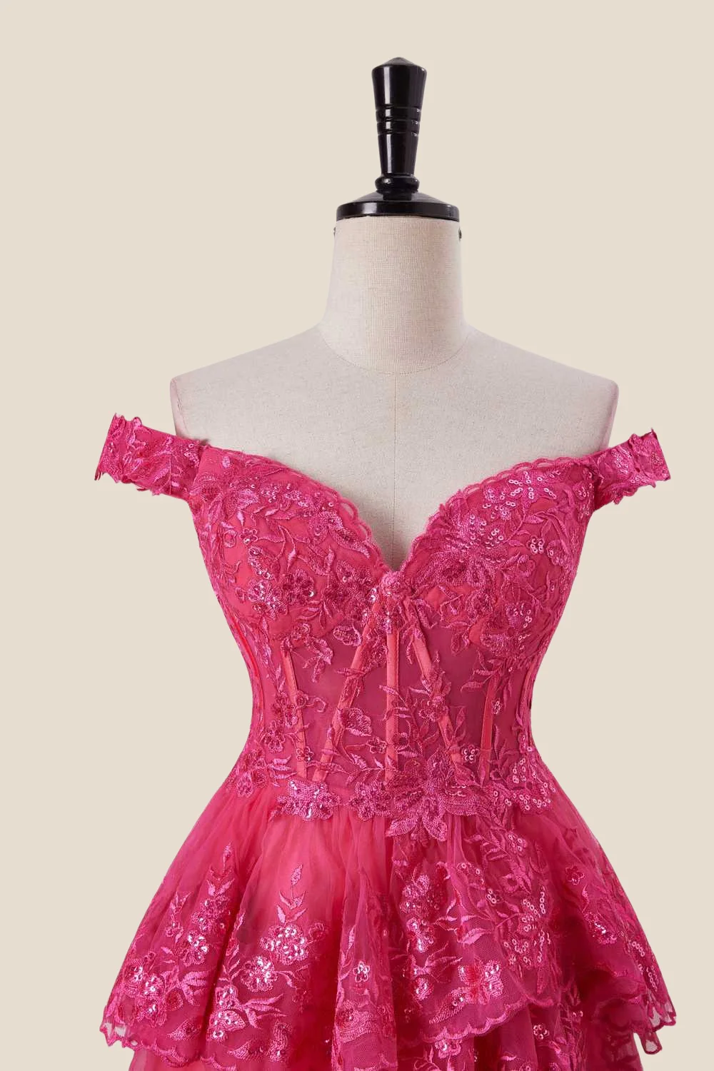 Off the Shoulder Hot Pink Appliques Ruffles Long Dress - Image 4