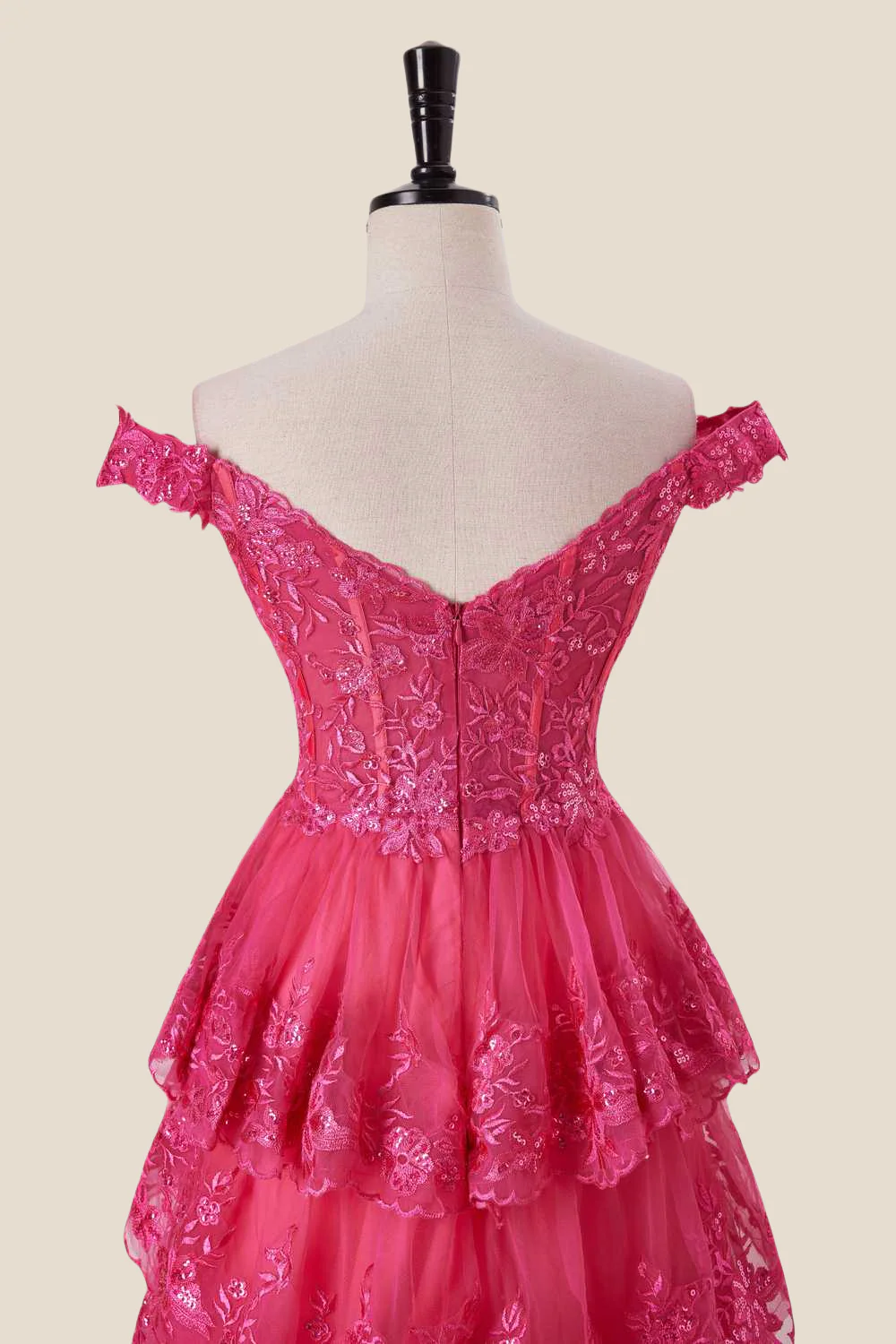 Off the Shoulder Hot Pink Appliques Ruffles Long Dress - Image 5