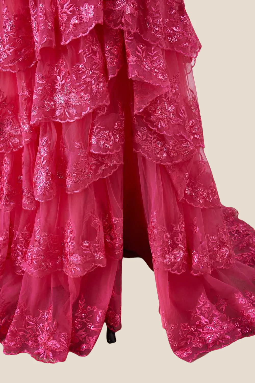 Off the Shoulder Hot Pink Appliques Ruffles Long Dress - Image 6