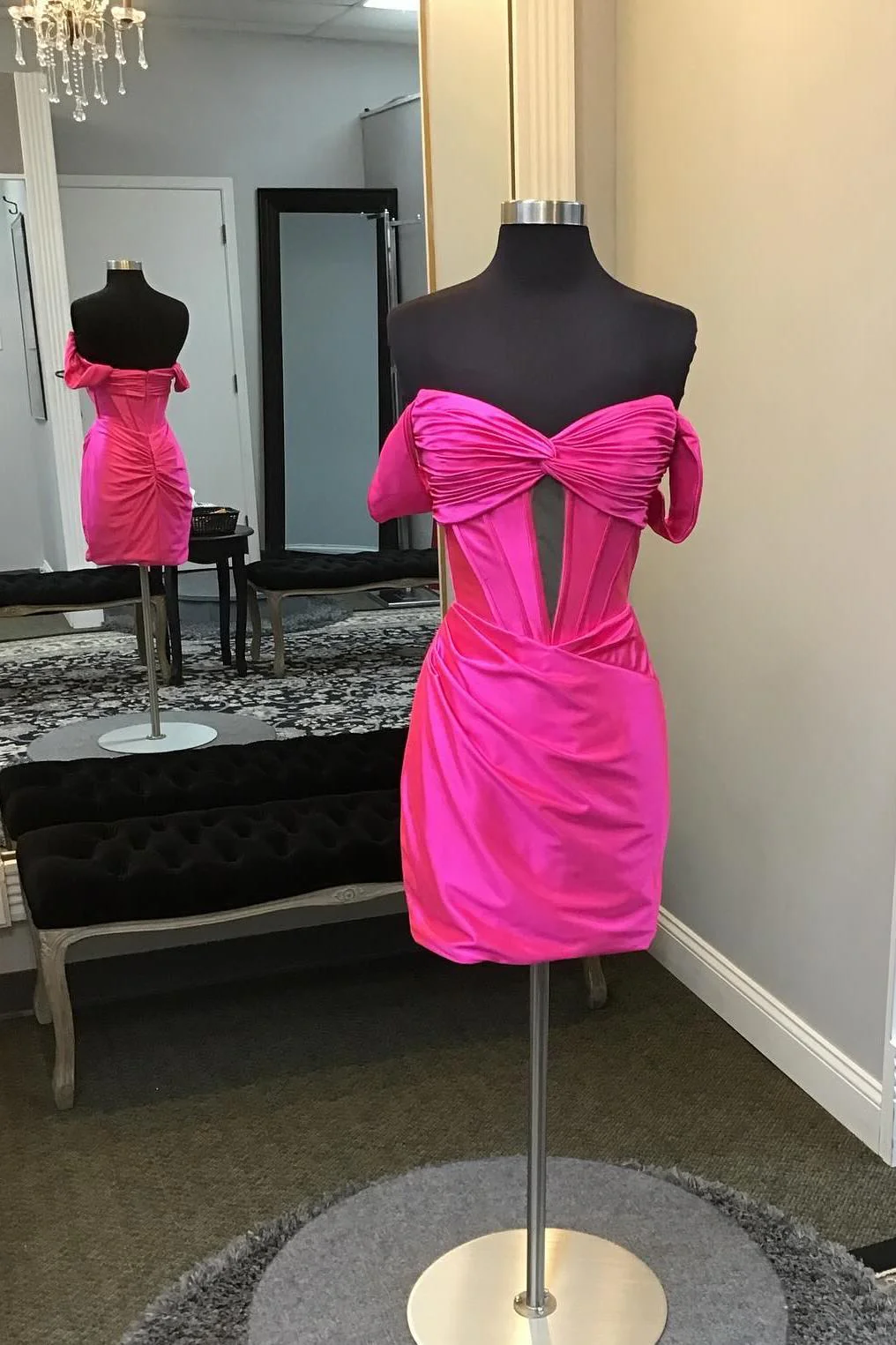Off the Shoulder Hot Pink Ruched Short Dress - Image 2
