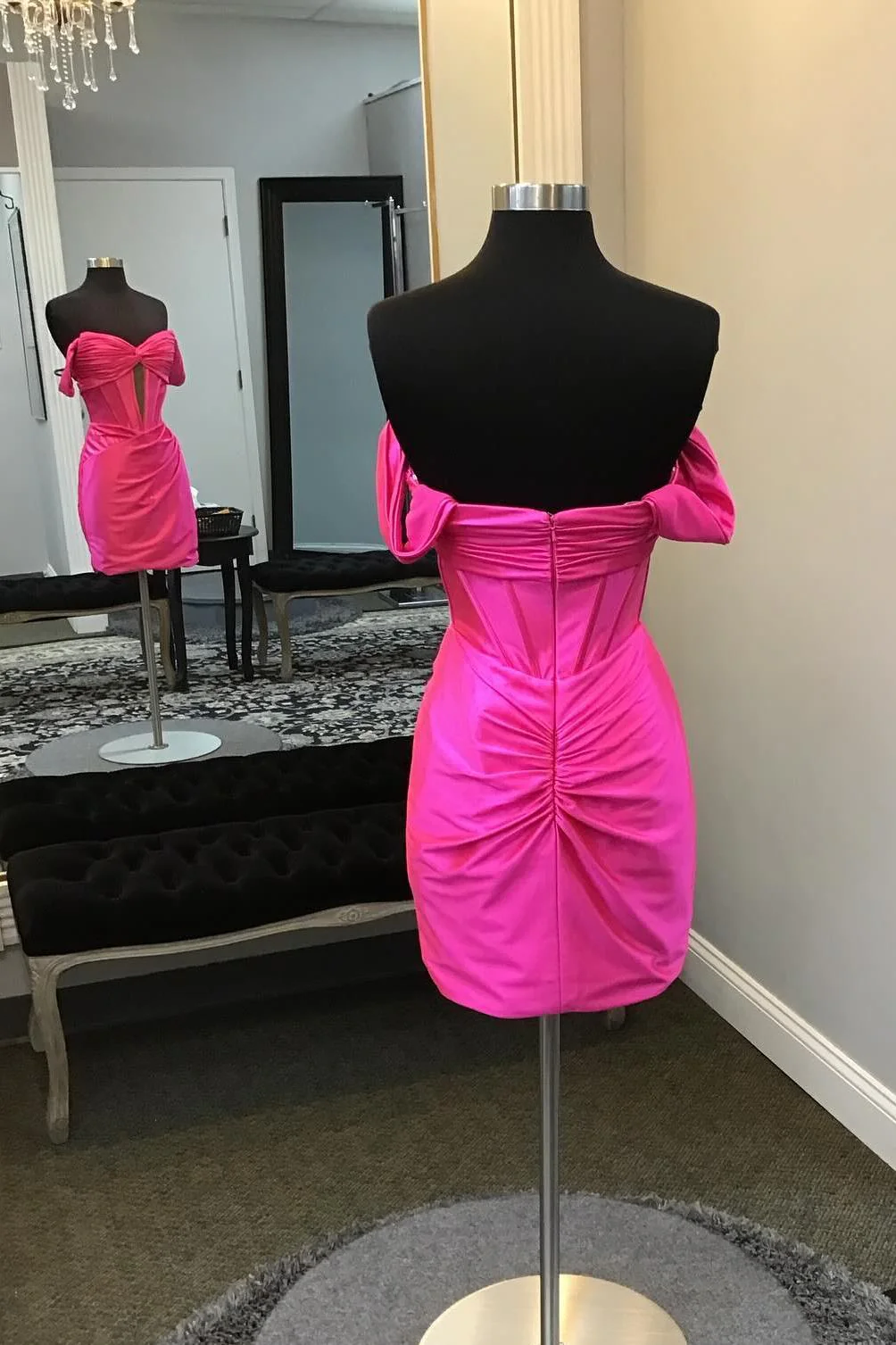 Off the Shoulder Hot Pink Ruched Short Dress - Image 3