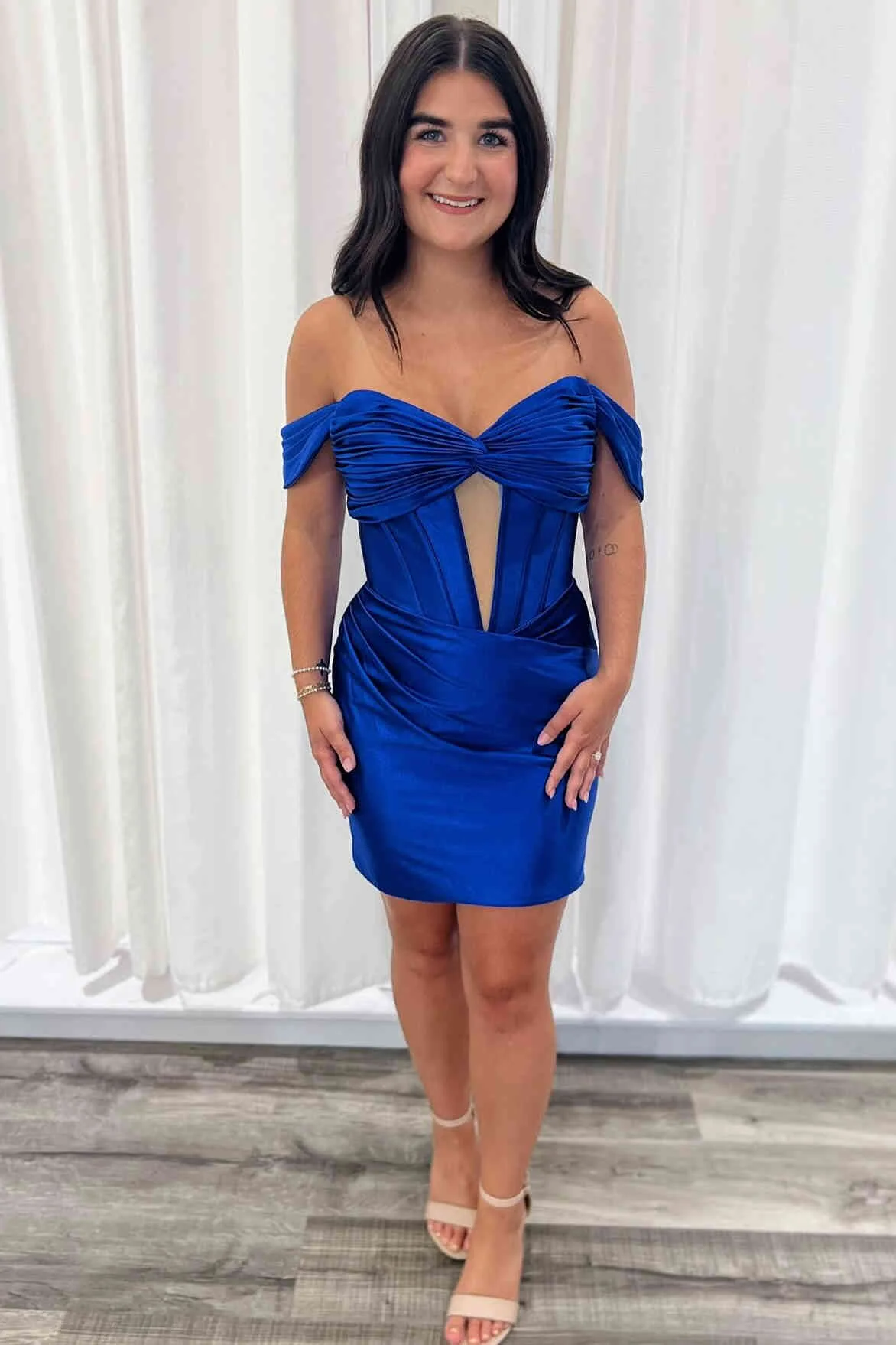 Off the Shoulder Hot Pink Ruched Short Dress - Image 5