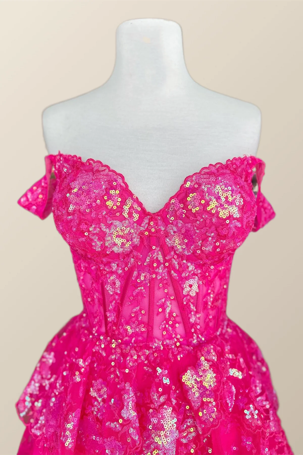 Off the Shoulder Hot Pink Sequin Tulle Short Dress - Image 3