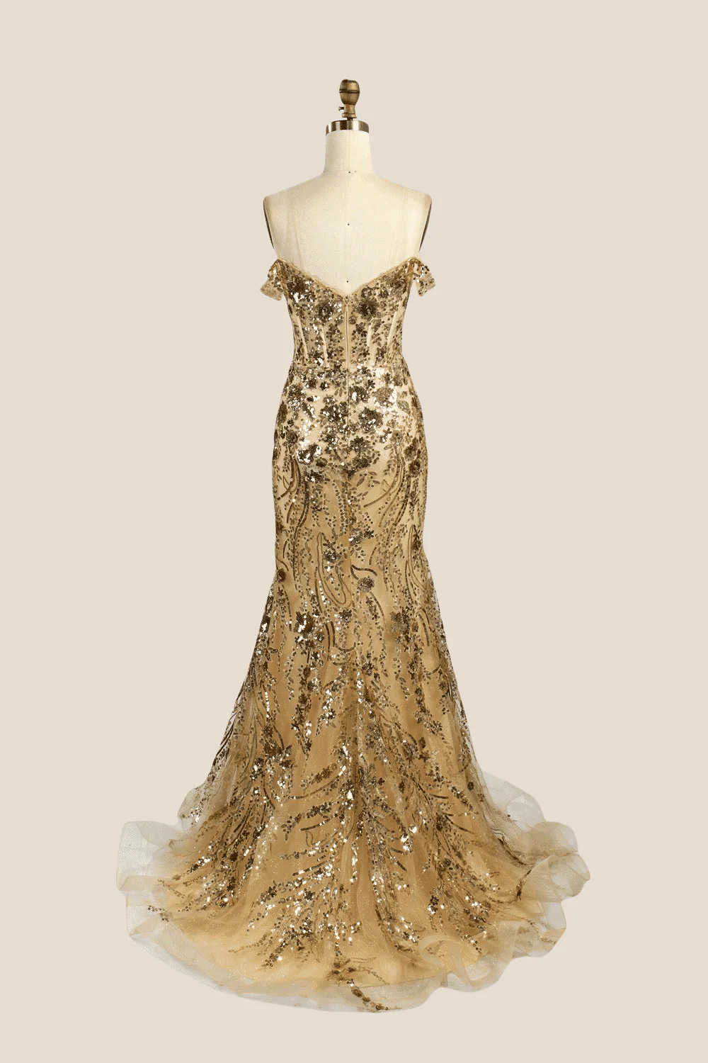 Off the Shoulder Golden Sequin Mermaid Long Dress - Image 2