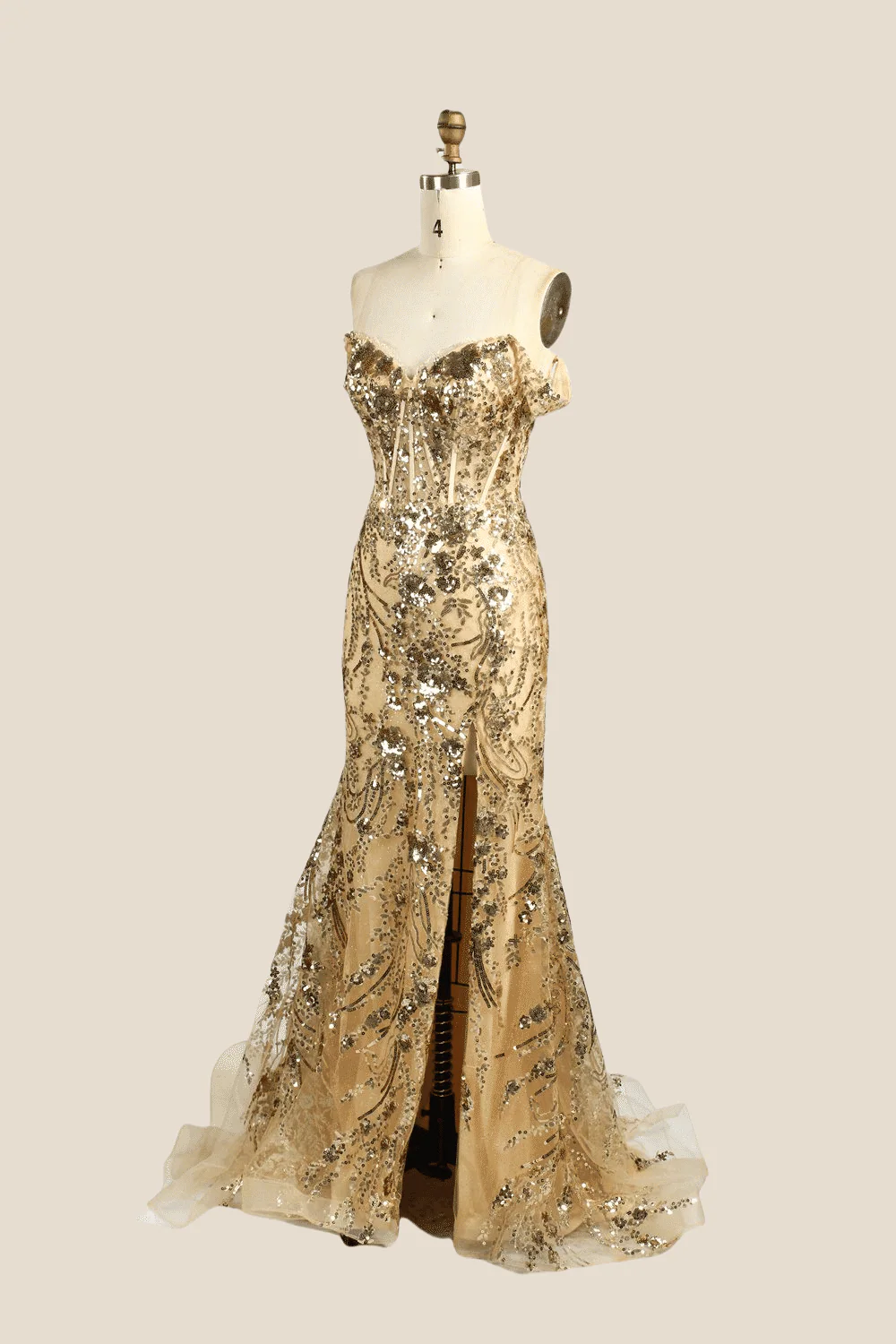 Off the Shoulder Golden Sequin Mermaid Long Dress - Image 3