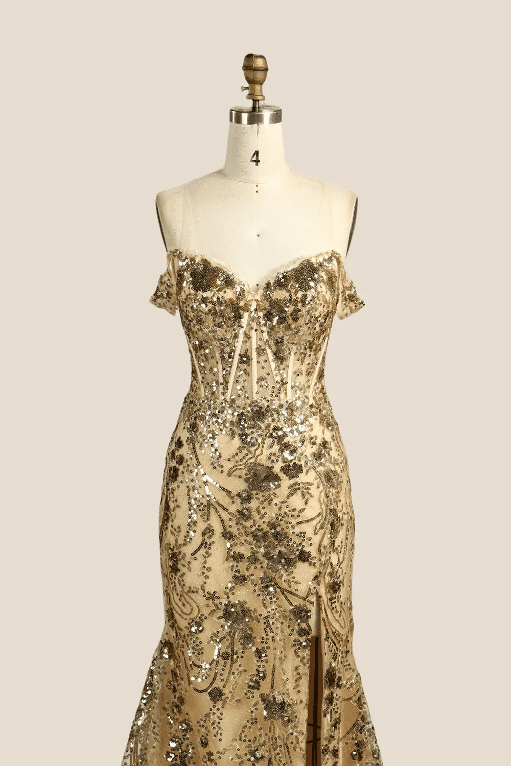 Off the Shoulder Golden Sequin Mermaid Long Dress - Image 4