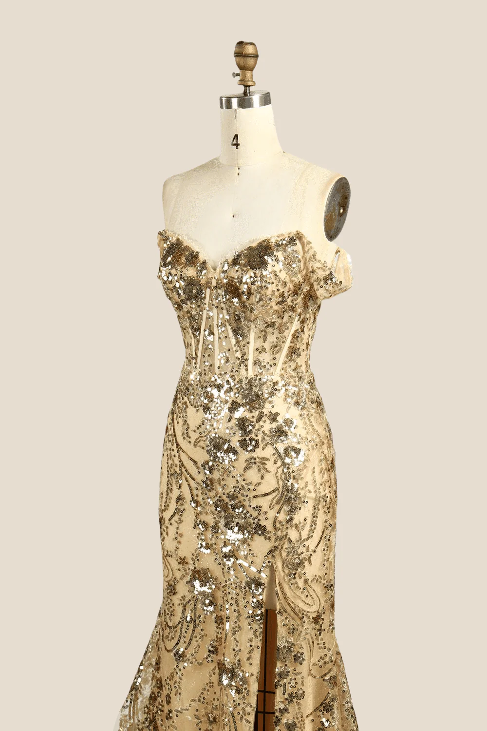 Off the Shoulder Golden Sequin Mermaid Long Dress - Image 6