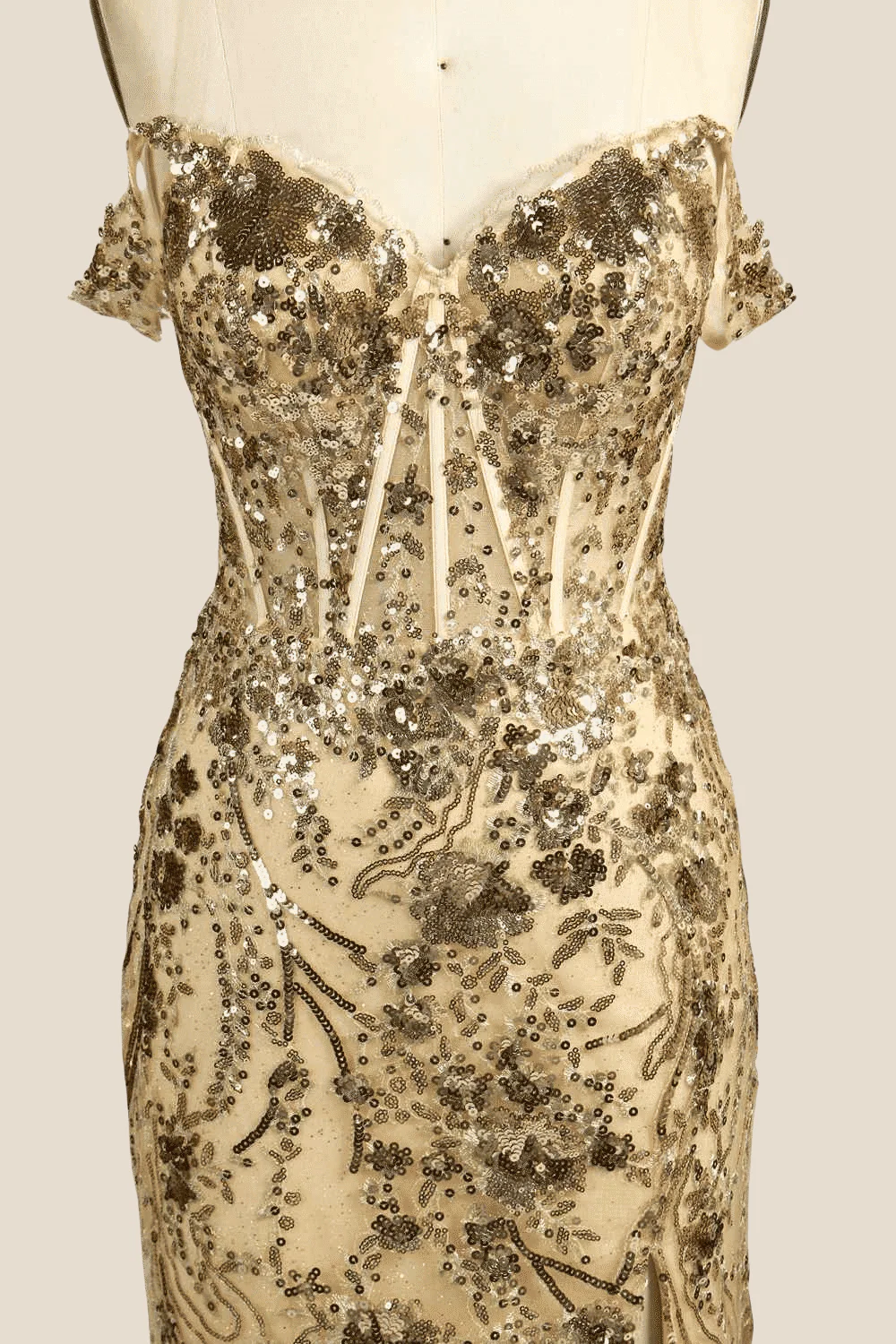 Off the Shoulder Golden Sequin Mermaid Long Dress - Image 7