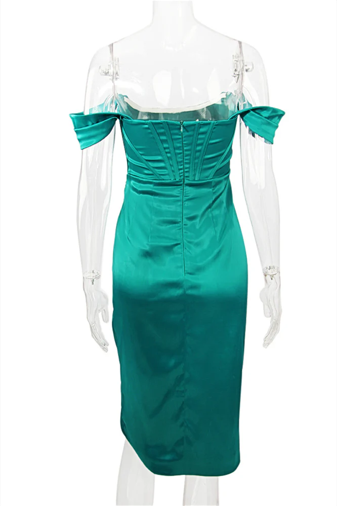 Off the Shoulder Green Party Dress with Slit - Image 2