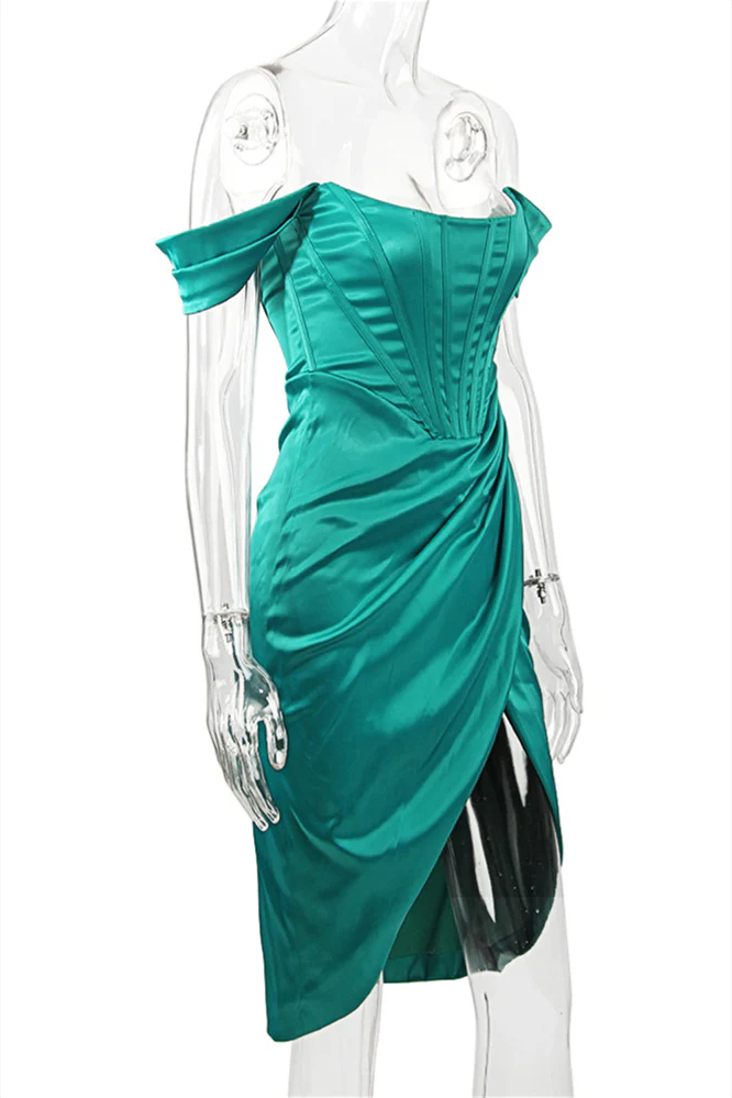 Off the Shoulder Green Party Dress with Slit - Image 3
