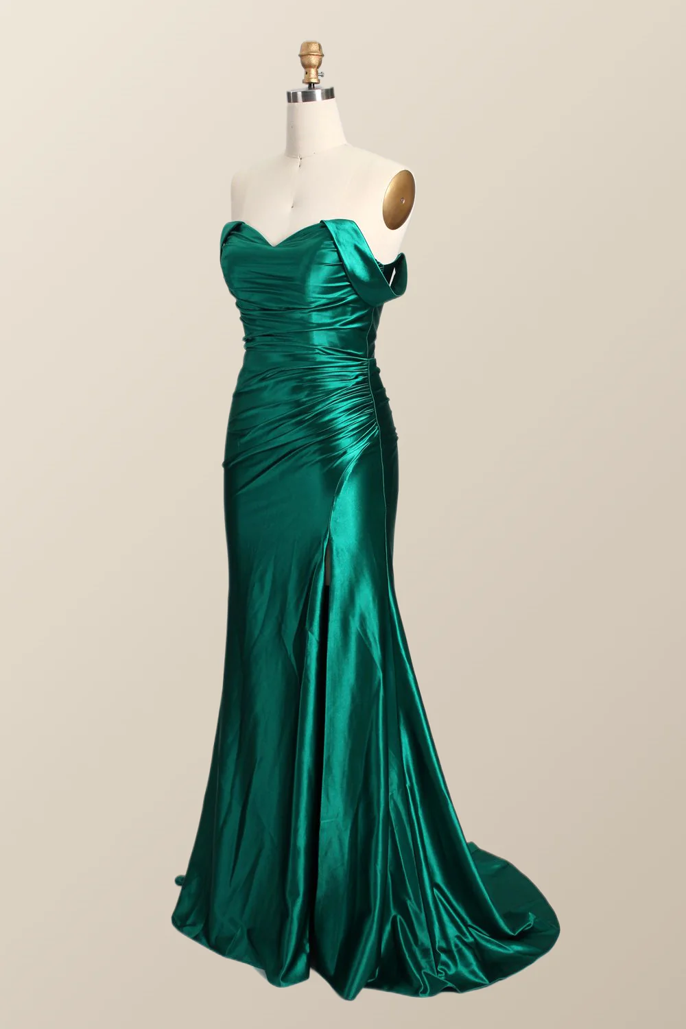 Off the Shoulder Green Satin Mermaid Formal Dress - Image 2