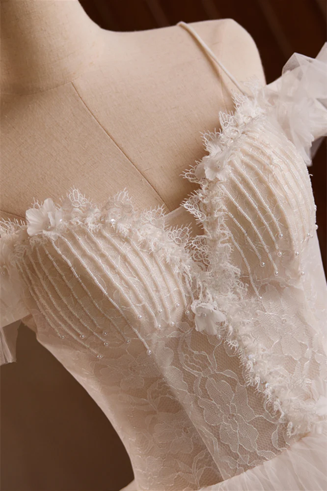Off the Shoulder Ivory Appliques Tiered Ball Gown - Image 3