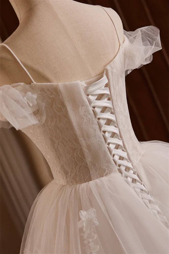 Off the Shoulder Ivory Appliques Tiered Ball Gown - Image 4