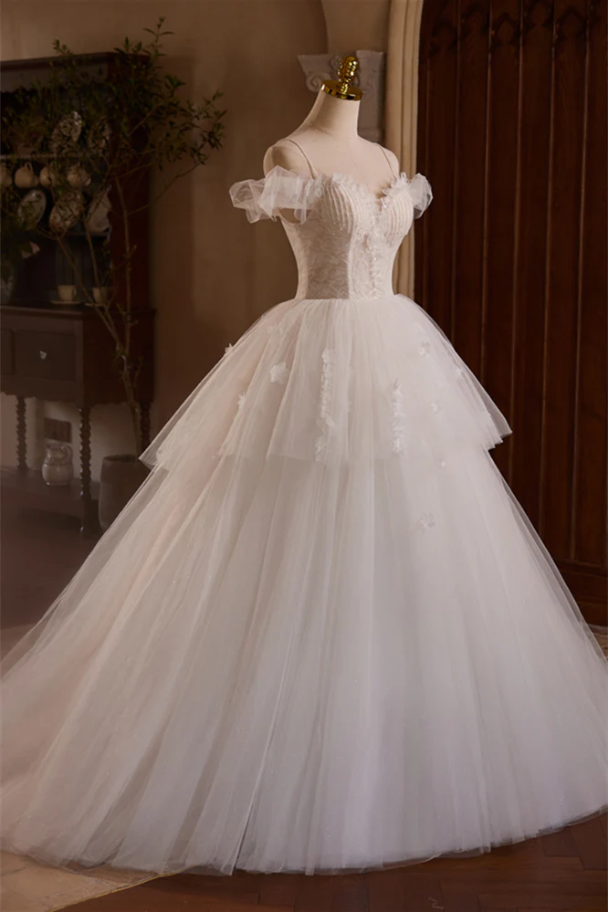 Off the Shoulder Ivory Appliques Tiered Ball Gown - Image 5